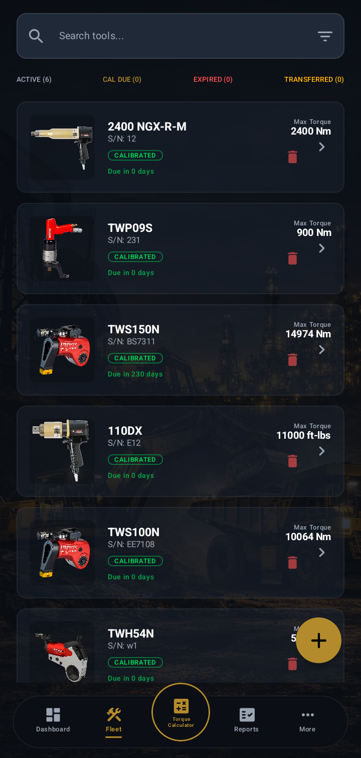 Torque Pro Enterprise fleet list showing tool models, serial numbers and calibration status.